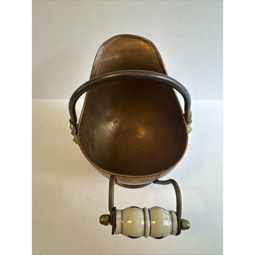 Copper Brass Coal Scuttle/Ash Bucket w/Porcelain Cherub Face 8